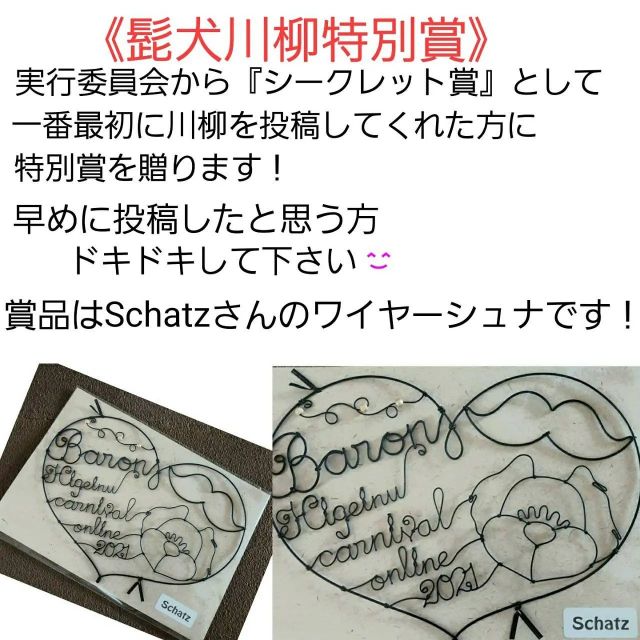 実行委員会特別賞（シークレット賞）として、髭犬川柳に一番早く投稿してくれた川柳に差し上げます！

@norimaki0920 様
「泥棒か？　違うなこれは　ETか！？」
◆応募してくれる人いるかなぁという不安を払拭してくれた朝一番の川柳に実行委員会特別賞です。
こんなに可愛い泥棒さんなら、いつでもウェルカムです！

実行委員会特別賞おめでとうございます！

#髭犬祭 #髭犬祭2021online #髭犬祭2021オンライン #髭犬川柳2021 #髭犬祭からのお知らせ #schnauzercarnival